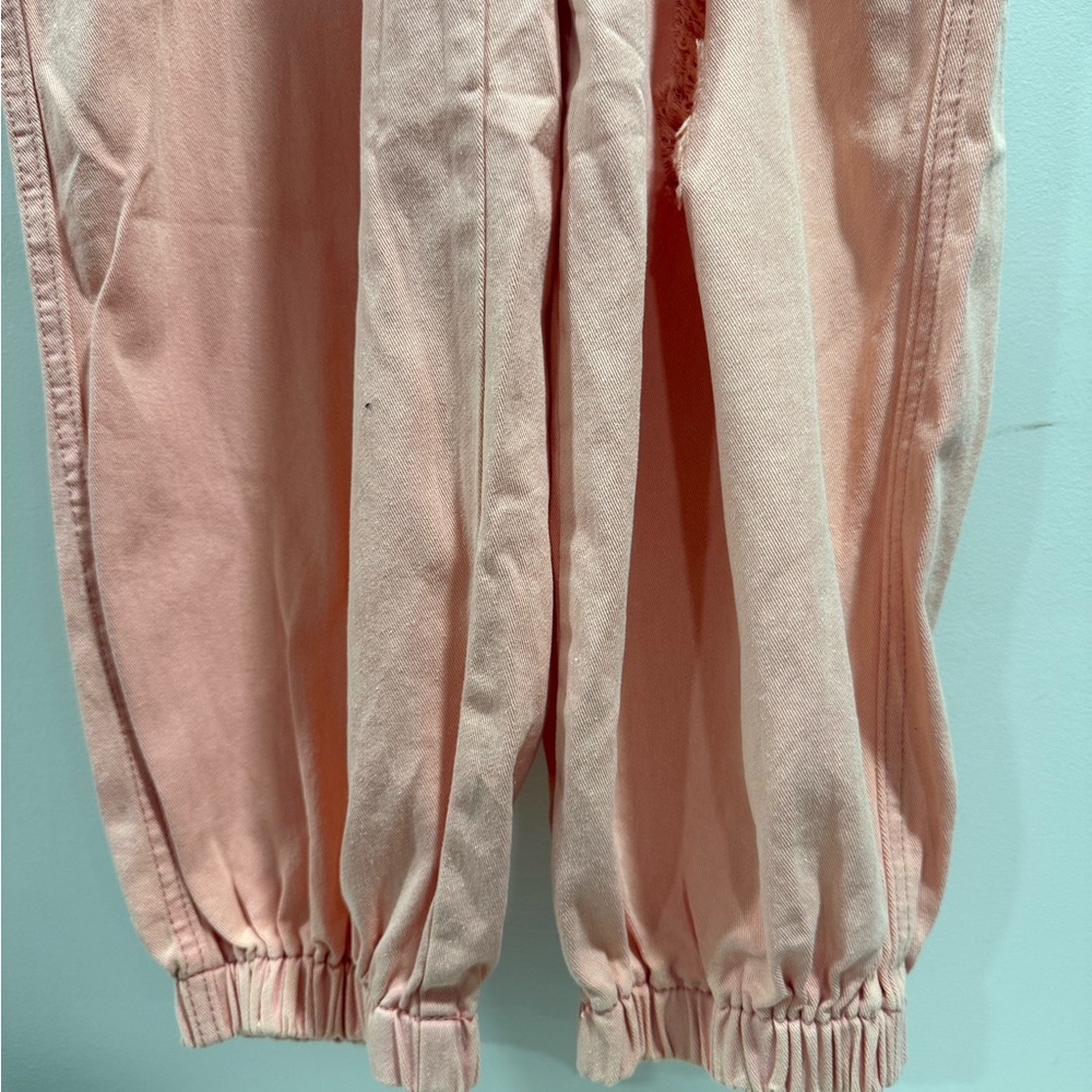 Creamy Pink Cargo Pants with Lace Accents and distressed front. - Picture 3 of 5